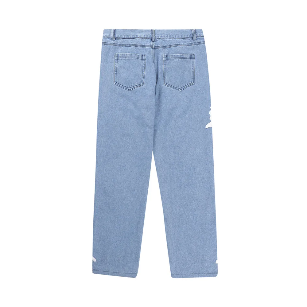 Fashion High Street Lampstand and Skull Flower Embroidery Ripeed Jeans Men Women Straight Retro Casual Baggy Denim Trousers Blue