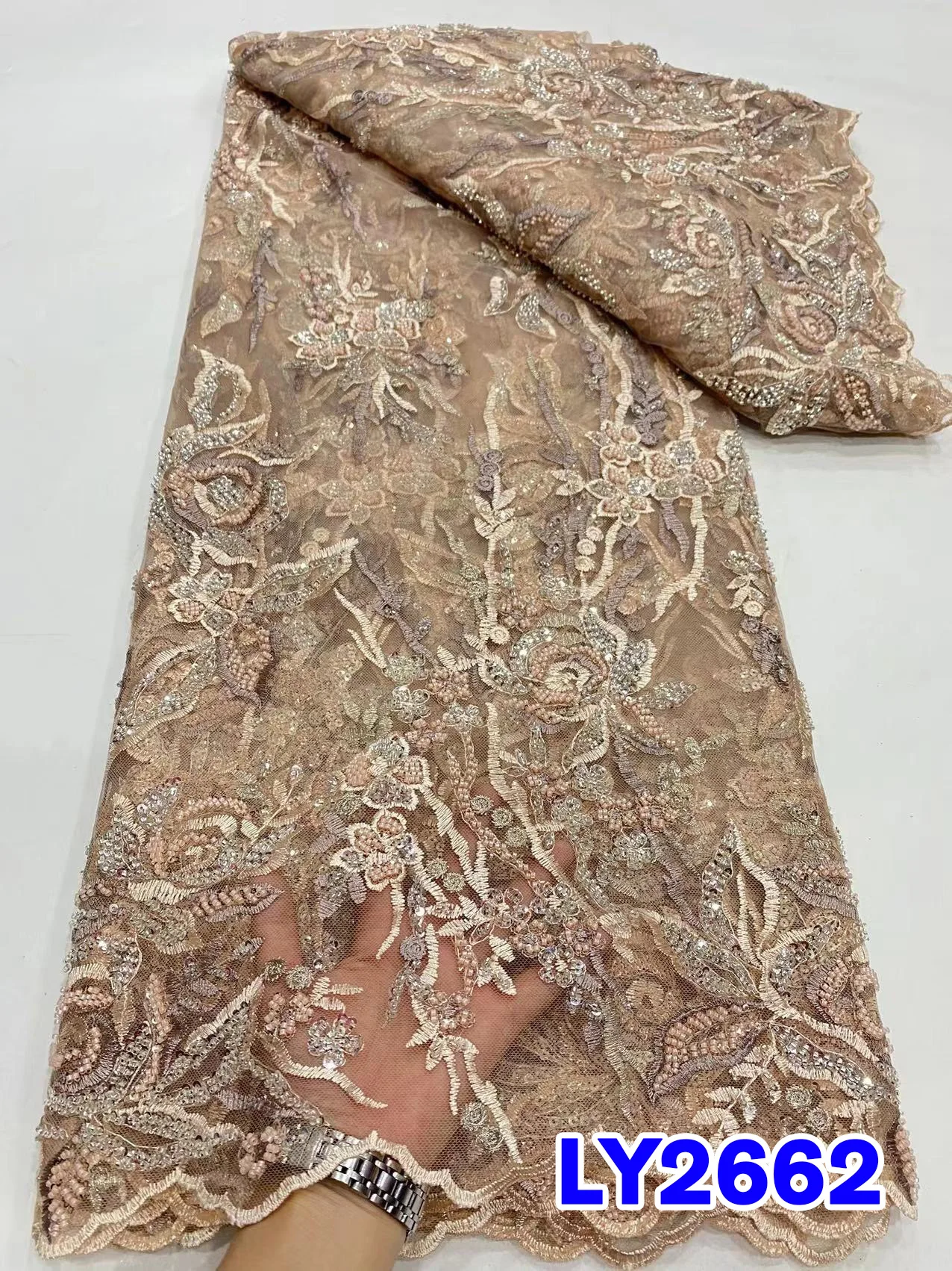 

Luxury 2023 High Quality French Embroidery Bead Tube Lace Fabric African Nigerian With Sequins Fabric For Wedding Dress PL422-7