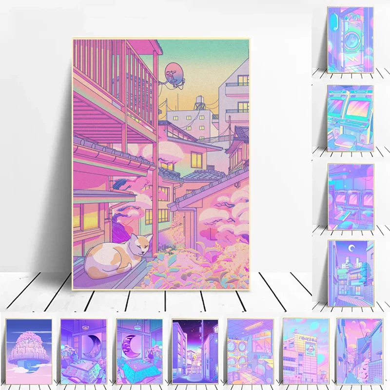 

Vaporwave Style Wall Art Poster City Night Street Modern Fashion Popular Kyoto Canvas Painting Japan Kawaii Print Decor Picture