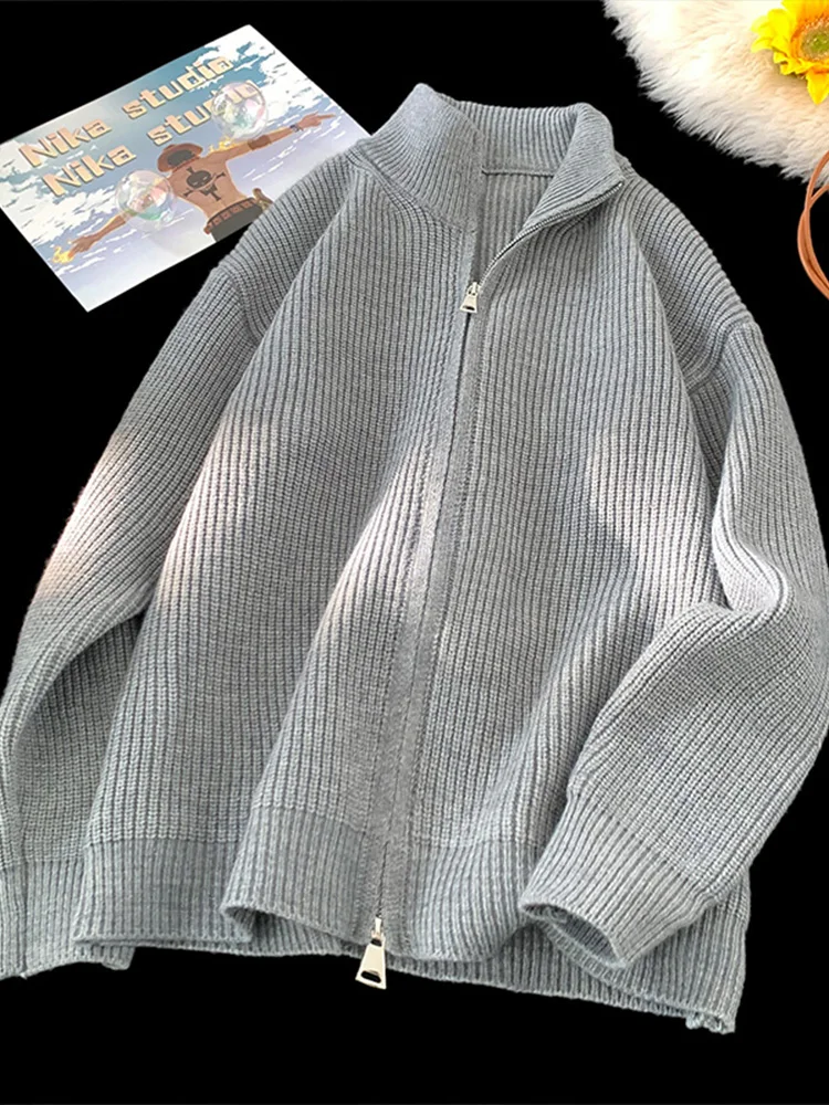 Double Zipper Cardigan sweater Men's Winter coat Original Lazy Japan fashion Retro Loose Casual Knitted Sweater