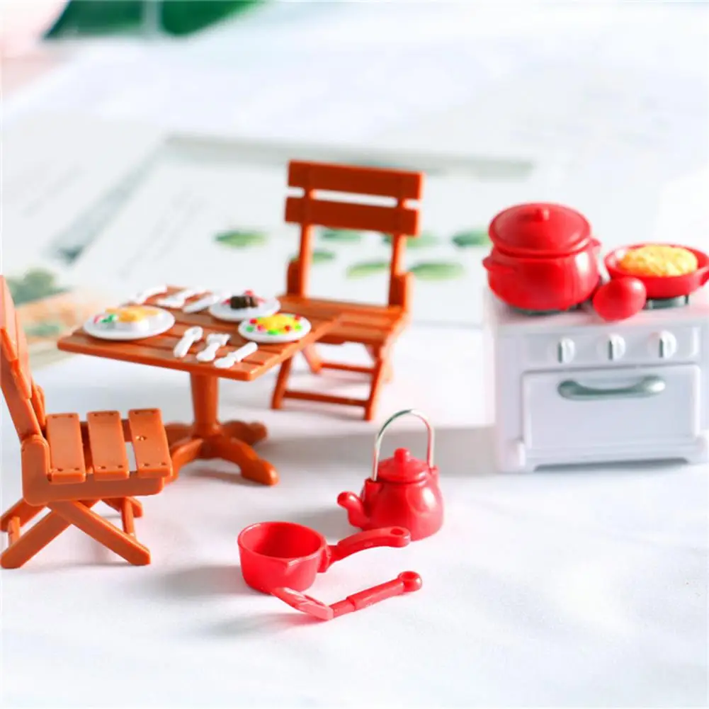 

Dollhouse Chairs Table Set Charming Dollhouse Kitchen Sets Miniature Furniture Cookware Utensils for Baking Scenes for Kitchen