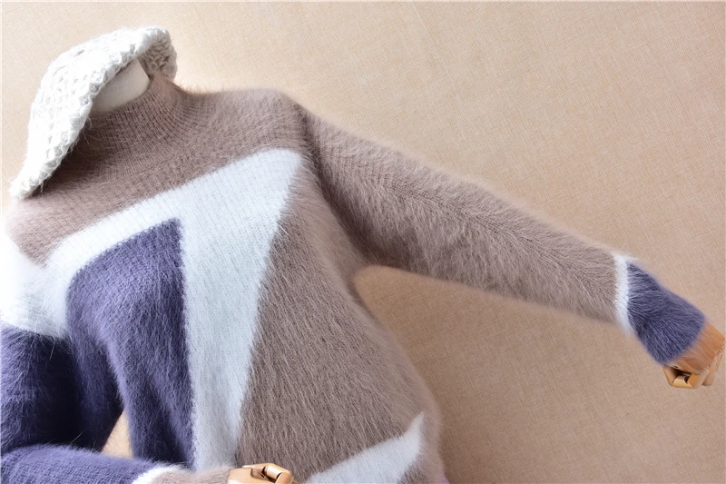 Женская осенне-зимняя модная вязаная водолазка из волосатого ангорского кролика