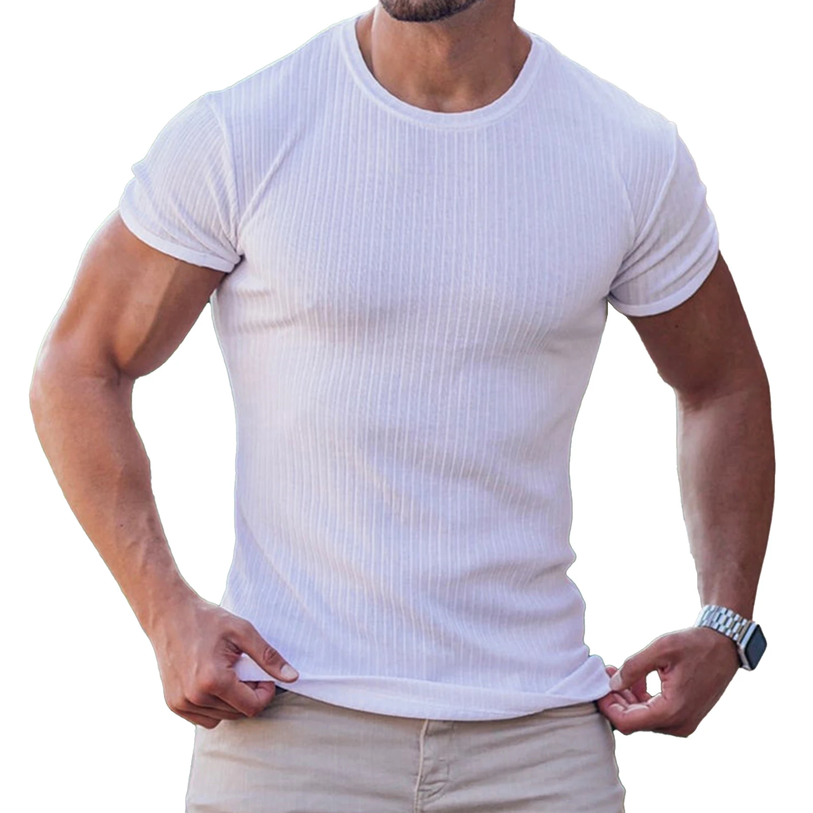 

Mens Casual Ribbed Short Long Sleeve T-shirts Soft Breathable Gym Fitness Workout Slim Fitted Show Muscle Solid Color Tee Shirts
