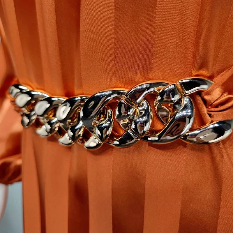 Satin Dress Abaya for Women Fashion V Neck Dubai Oman Moroccan Kaftan Muslim Party Evening Gown with Belt Jacquard Fabric Orange