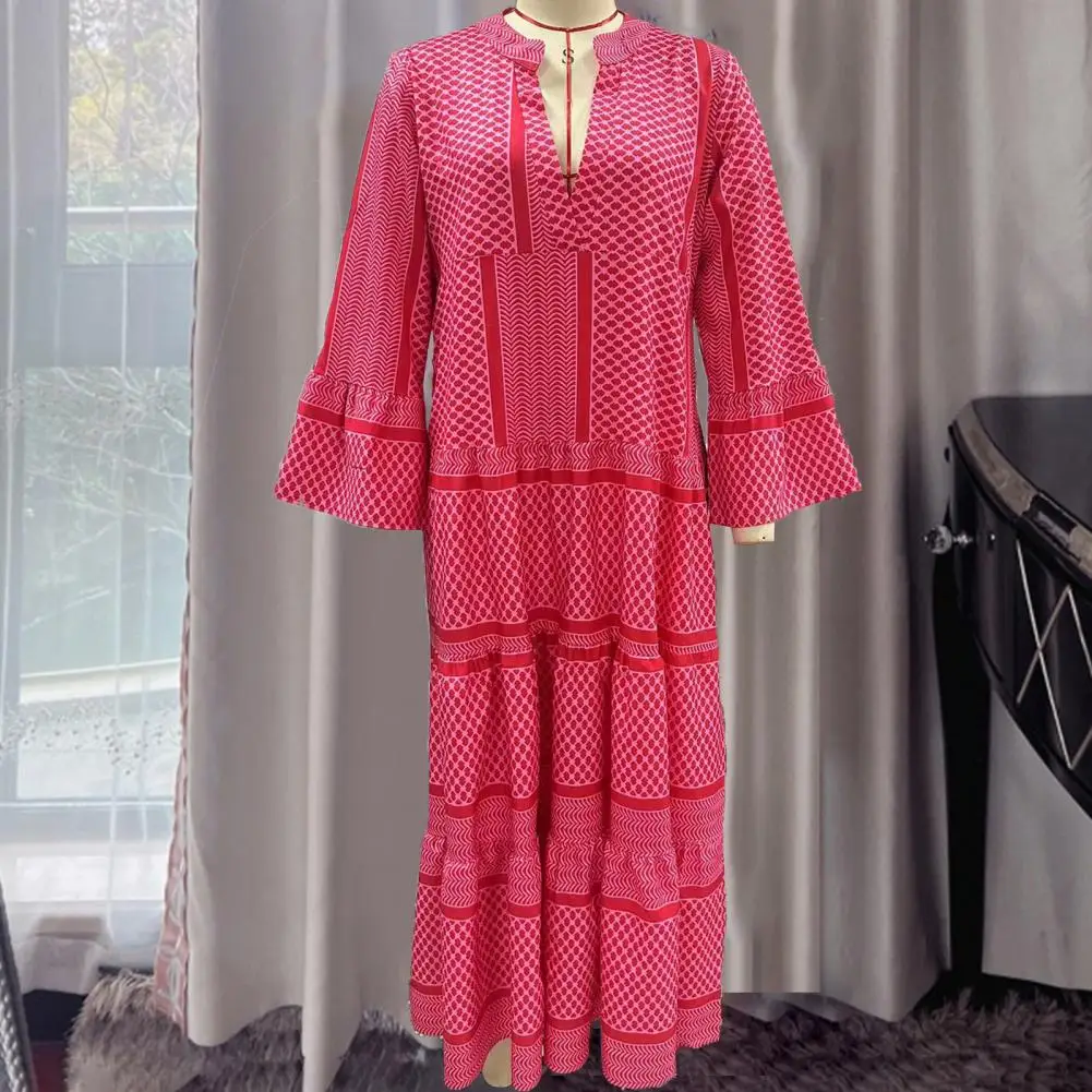 

Женское Лоскутное Платье макси с геометрическим принтом, повседневное длинное платье свободного кроя с V-образным вырезом и Расклешенным рукавом, праздничное пляжное платье