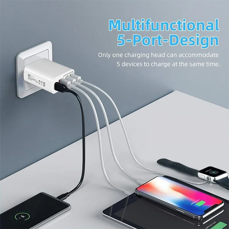 UYUXIO 5 in 1 Multi Port USB C Phone Charger 65W Fast Charging Wall Adapter for iPhone 16 15 Pro Max Plus iPad Samsung All