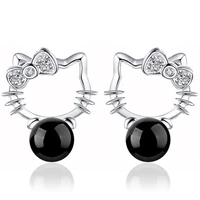 hellikittys925 silver natural black onyx diamond kt cat earrings female animal kitten sterling silver earrings
