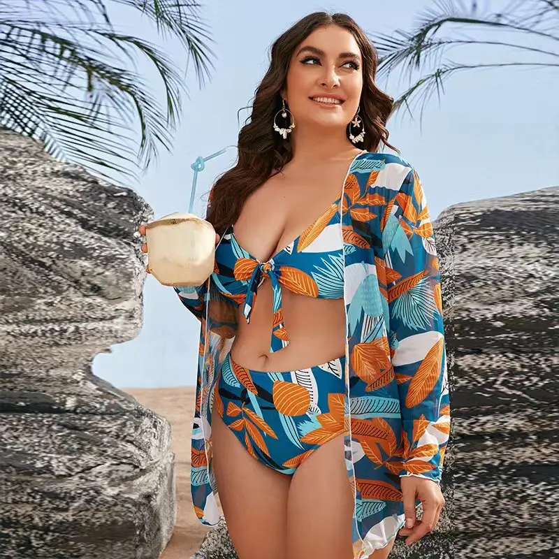 

3 Pieces Bathing Suit Cover Ups for Women Leaves Print Push Up Sexy Bikinis Plus Size Outfits for Women Beach Swimwear