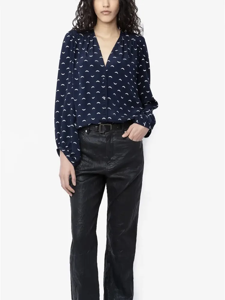 

Женская шелковая блузка с длинным рукавом, винтажная однобортная блузка из 100% шелка с V-образным вырезом и принтом в виде крыльев, лето 2023