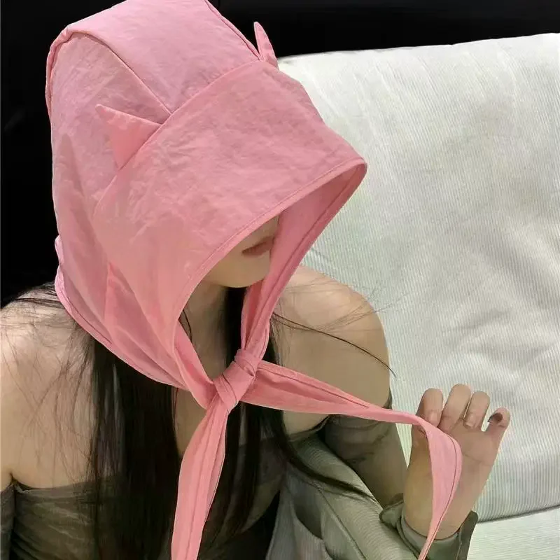 Фото Быстросохнущий солнцезащитный козырек Little Devil Strap для женщин, тонкая повязка на голову с защитой ушей, шапка с милыми кошачьими ушками, визуально уменьшающая лицо №1