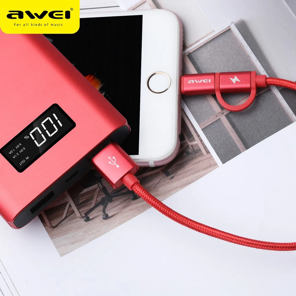 Awei 2 в 1 кабель Micro USB для зарядки телефона 20 см IOS Android и Powerbank кабели CL-930C быстрой |