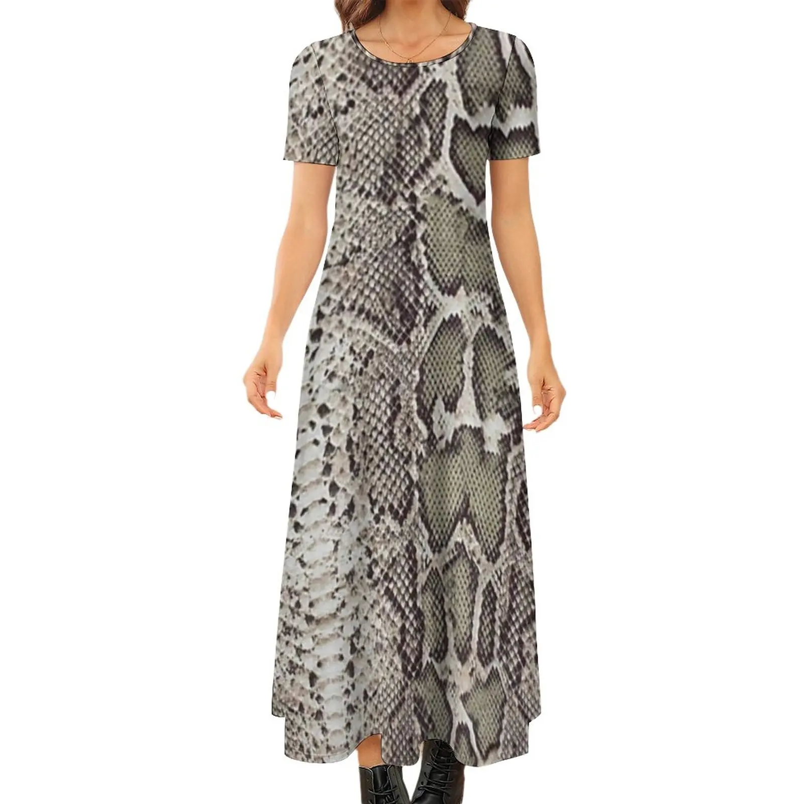 

Snakeskin Print Dress Animal Skin Trendy Maxi Dress Aesthetic Bohemia Long Dresses Women Short Sleeve Oversized Clothing