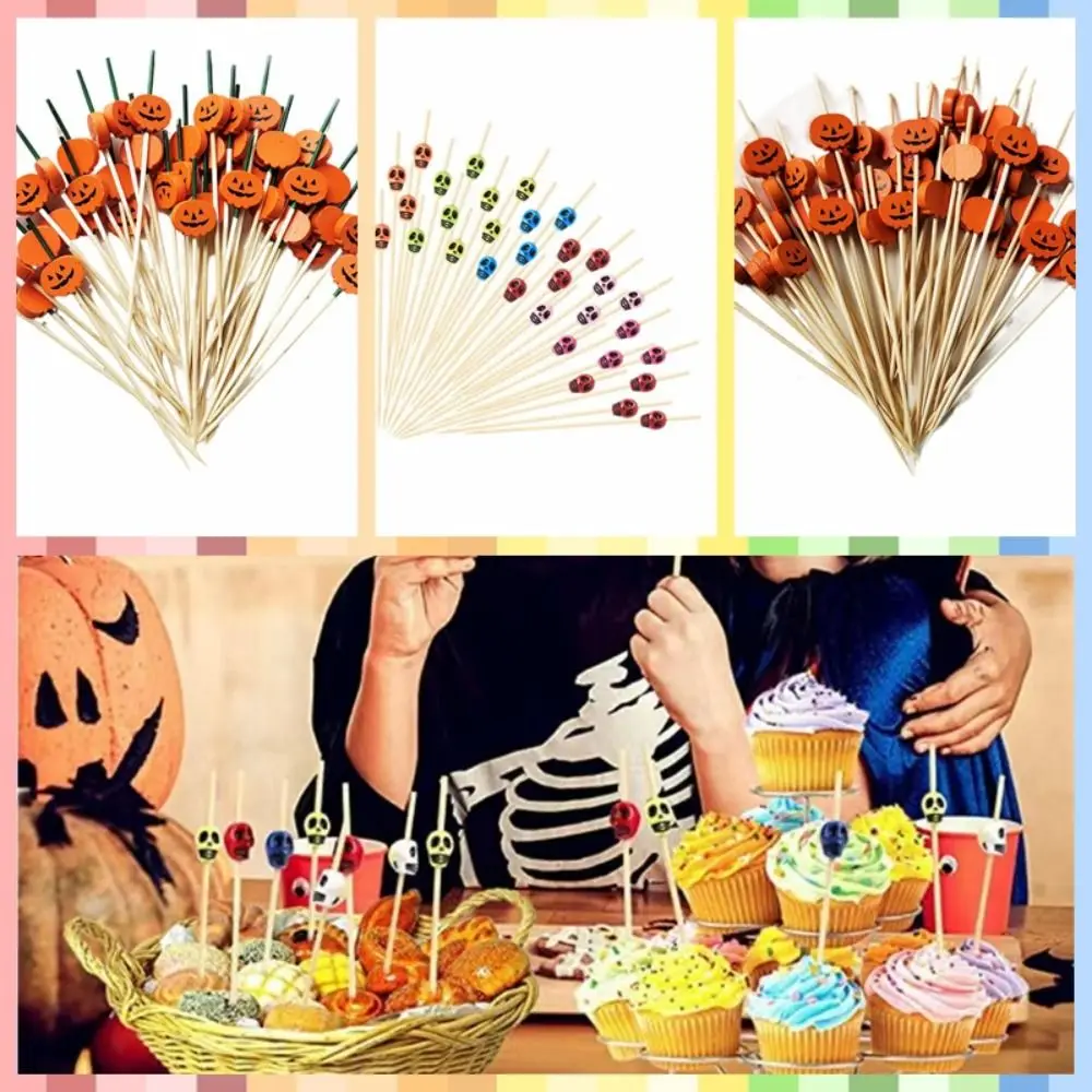 

100pcs Natural Material Halloween Pumpkin Bamboo Skewers Resilient Disposable Bamboo Skewers Pumpkin Skull Cocktail Sticks