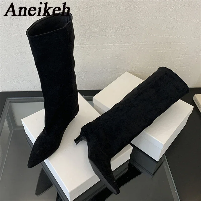 Фото Aneikeh, осенне-зимние сапоги до колена с острым носком, женская обувь, трендовые дизайнерские винтажные туфли 2025, современные туфли на тонком низком каблуке №2