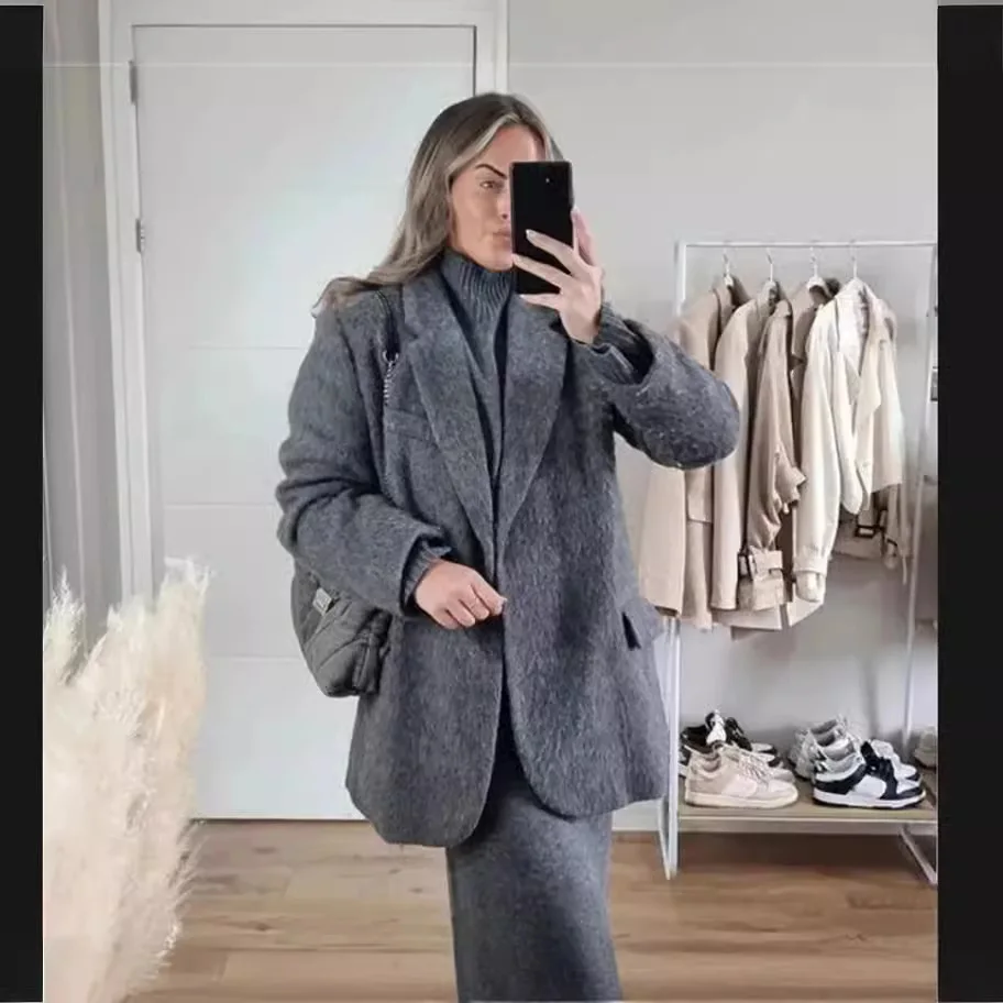 Корейский стиль 2024 осенне-зимний новый однотонный шерстяной пиджак женский