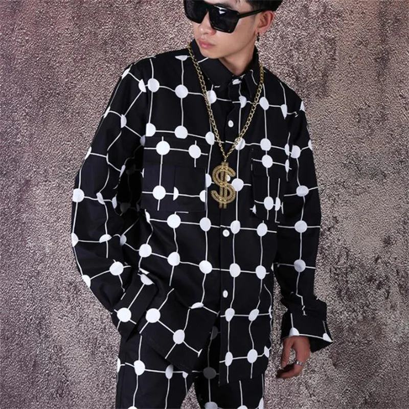 Polka dot shirt mens personality long sleeve clothes flower jackets loose Hip Hop net red singer stage dance shirt and pants