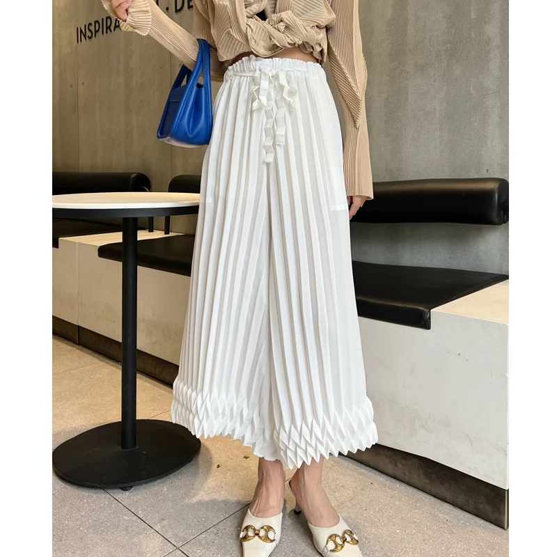 HOT SELLING Miyake fashion fold high waist all-match solid waistband Pleated Wide leg pants original design pants  IN STOCK