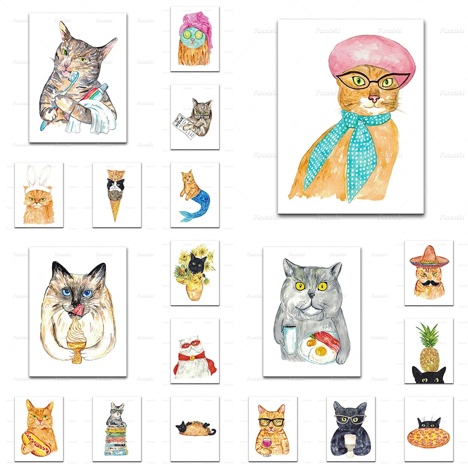 

wandai Hd Print Home Decor Cat Brushing Drinking Coffee Hotdog Pineapple Pizza Funny Watercolor Canvas Painting Wall Art Bedroom