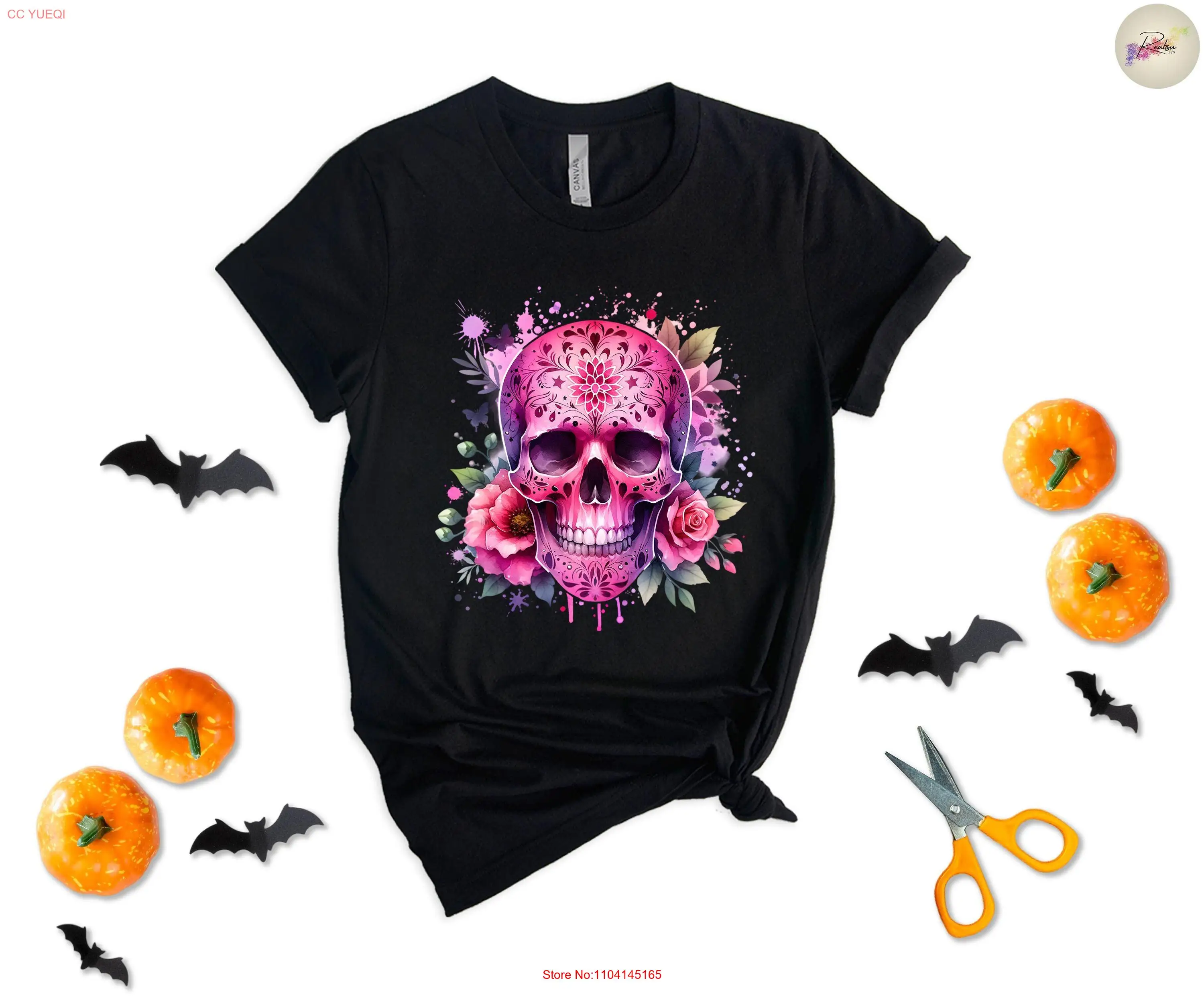 Хэллоуин Розовый Череп Цветочная Футболка Скелет Тема и Розы Милый Цветок для