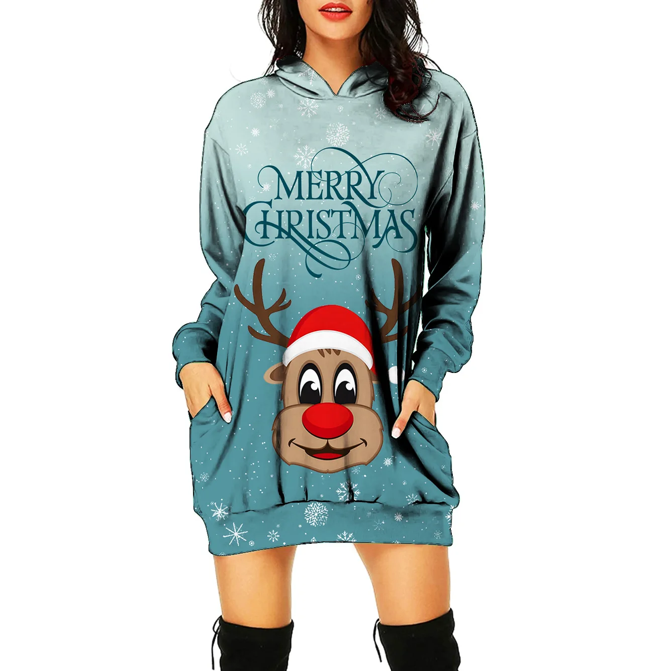 

Autumn Winter Christmas Sweater Reindeer Elements Women's Clothing Printed Hooded Pullover Long-sleeved Mid-length Slim Hoodie