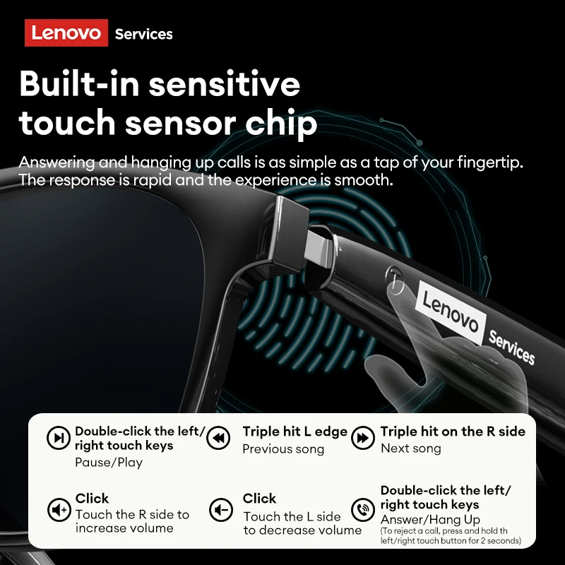 Фото Умные беспроводные очки Lenovo GS106 с Bluetooth 6.0, фотохромными линзами, функцией Hands-Free для музыки и звонков, наушники для активного отдыха и спорта №5