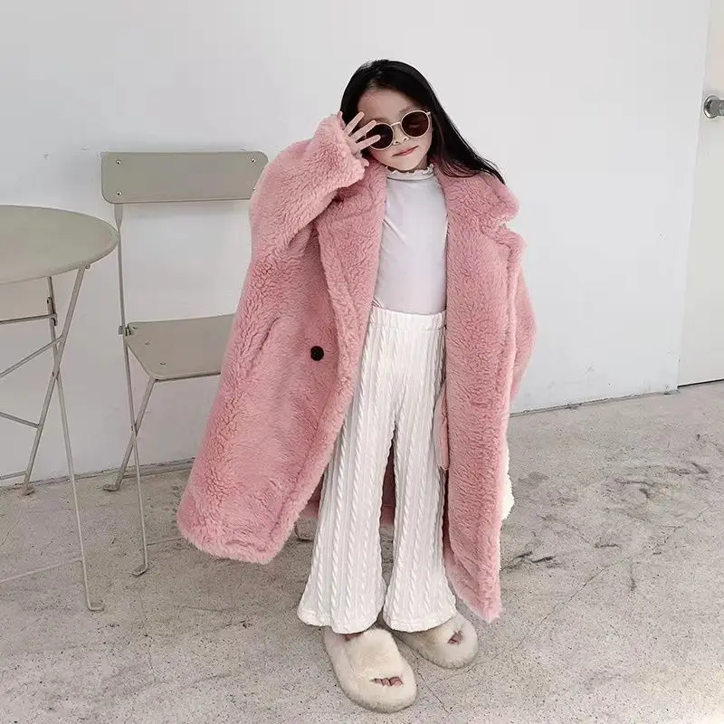 

Winter Children Girls Warm Thickening Jackets with Natural Fur Turn-down Collar Kids Long Velvet Coat Snowsuit Outerwear Z142