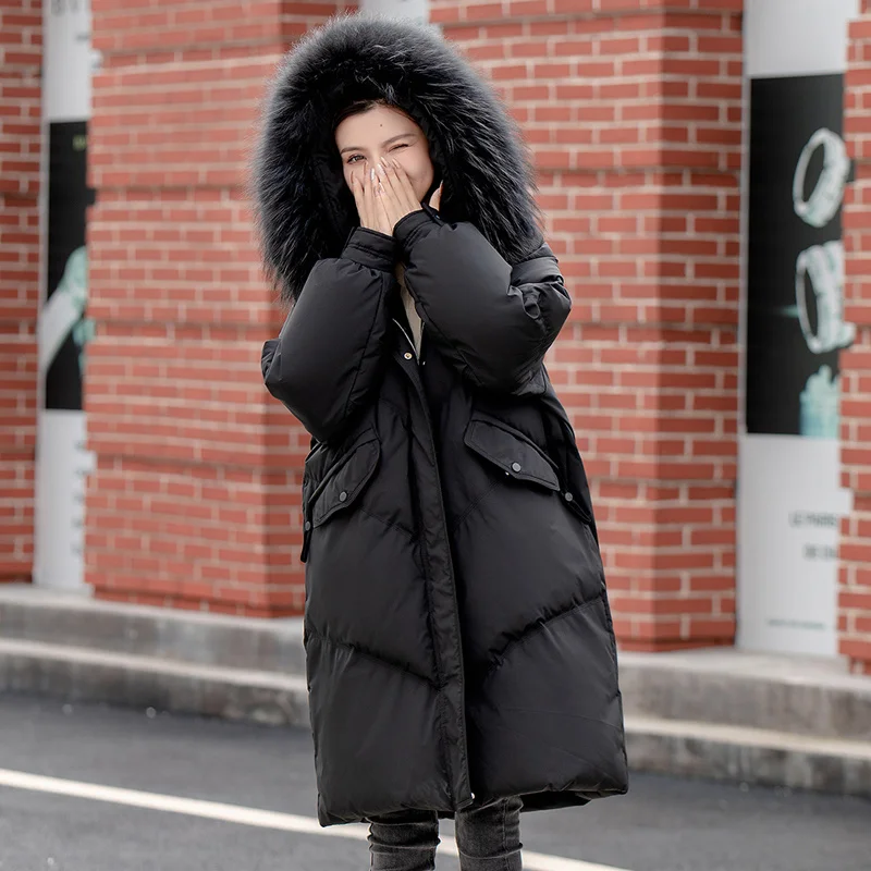 

Real shot white duck down winter new Korean version down jacket women's large fur collar loose knee length thickened coat