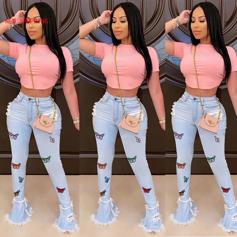 Spring Autumn 2023 High Waist Flare Jeans Black Ripped Female Jeans For Women Skinny Jeans Mom Wide Leg Denim Pants Plus Size