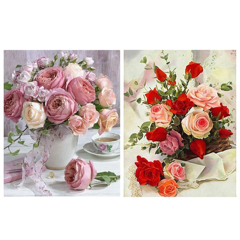 

Hot 2 Set Diy Round Drill Diamond Painting Cross Stitch Mosaics Full 100% Cover Embroidery"Coffee & Rose" & Rose