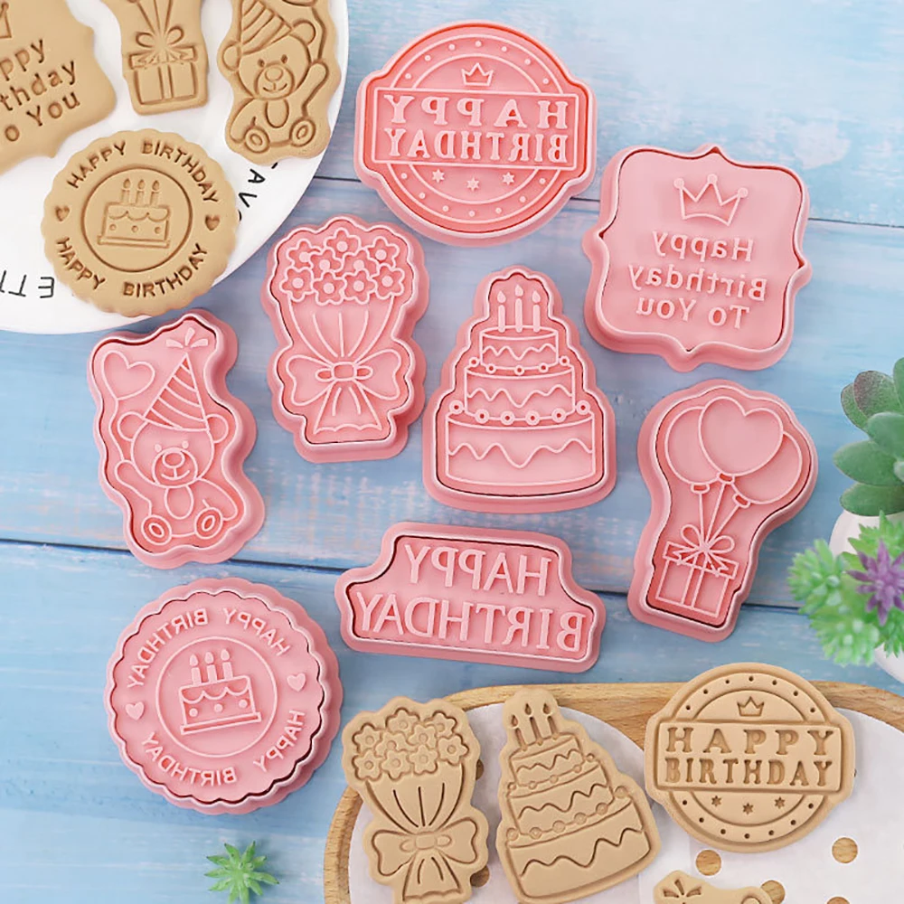 

8Pcs/set Happy Birthday Cartoon Cookie Cutters Plastic Pressable Biscuit Mold Fondant Cookie Stamp Kitchen Pastry Baking Tools