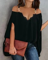 one piece 2022 summer t shirts lace trim chain strap cold shoulder casual fashion blouses top