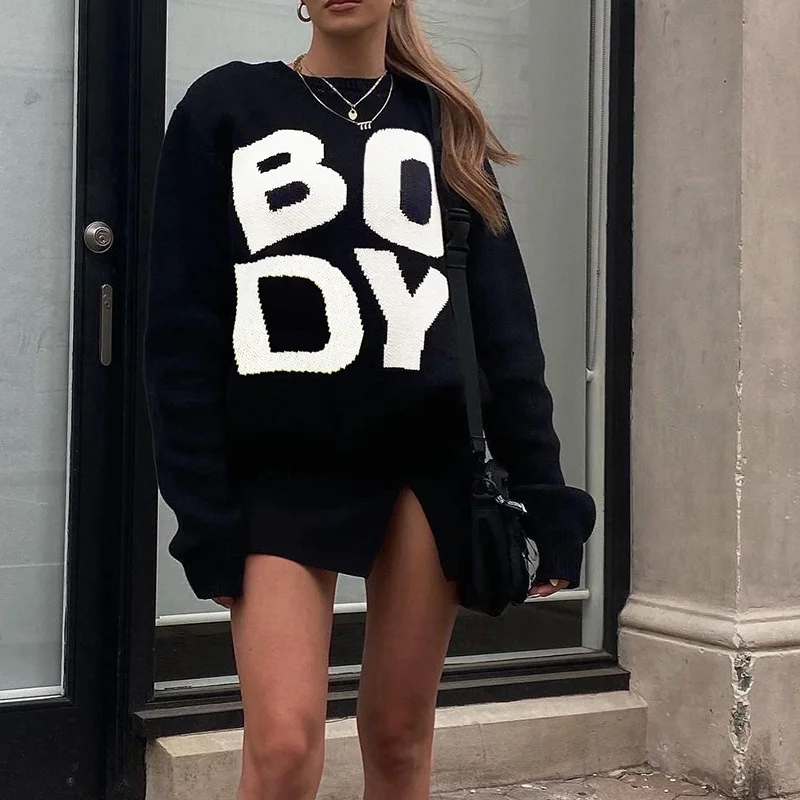 

Fashion Letter Print Loose Sweater Knitted Pullover Casual Female Autumn Long Sleeve O Neck Jumper Women Winter Split Knitting