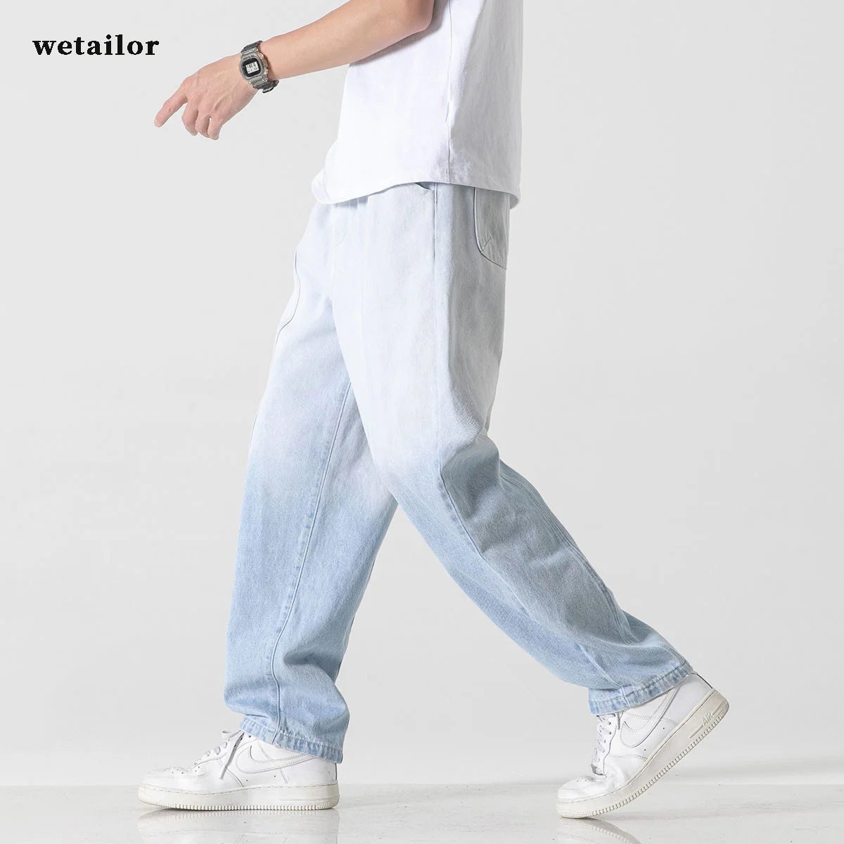 

Men's And Black Women Wide Leg For High Waist Pants Blue Straight Loose Distressed Street Jeans Gradient