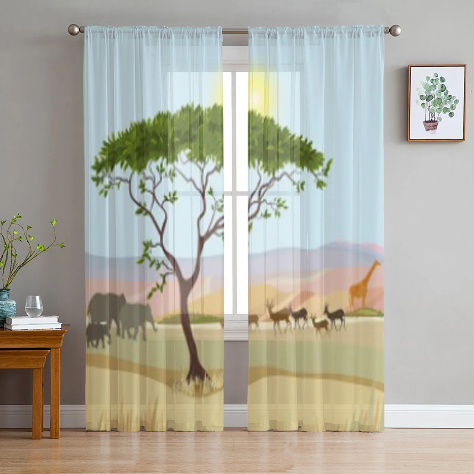 

African Mountain Idealistic Landscape Tulle Sheer Curtains for Living Room Bedroom Kitchen Decoration Voile Organza Curtains