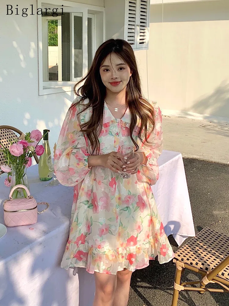 

Модное платье с кукольным воротником и принтом, с длинным рукавом и оборками по краям, свободные женские летние элегантные платья, женское к...