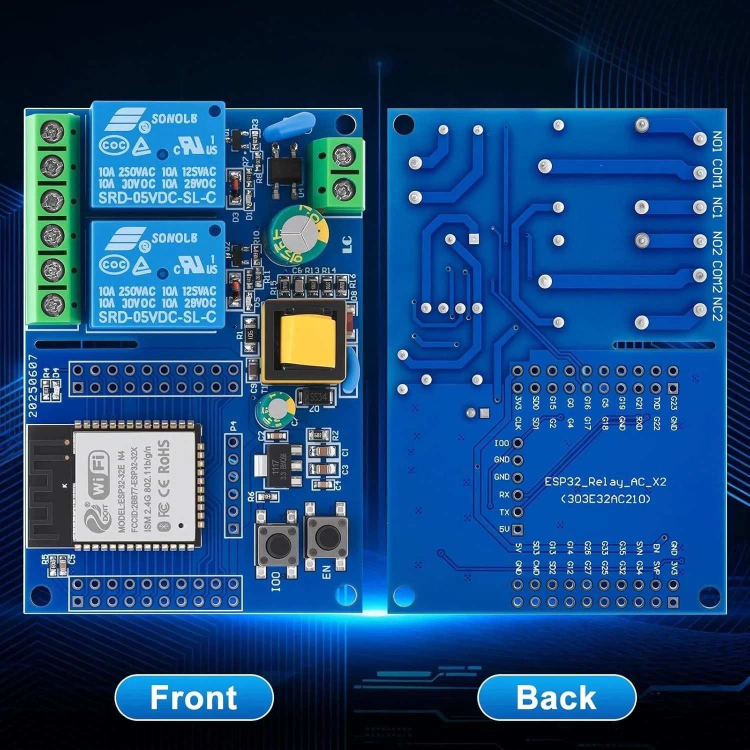 Фото Модуль умного реле AC220V ESP32, 2-канальный, с Wi-Fi и Bluetooth, беспроводной дистанционный выключатель для управления гаражными воротами, приводом ворот, мотором, рольставнями №3