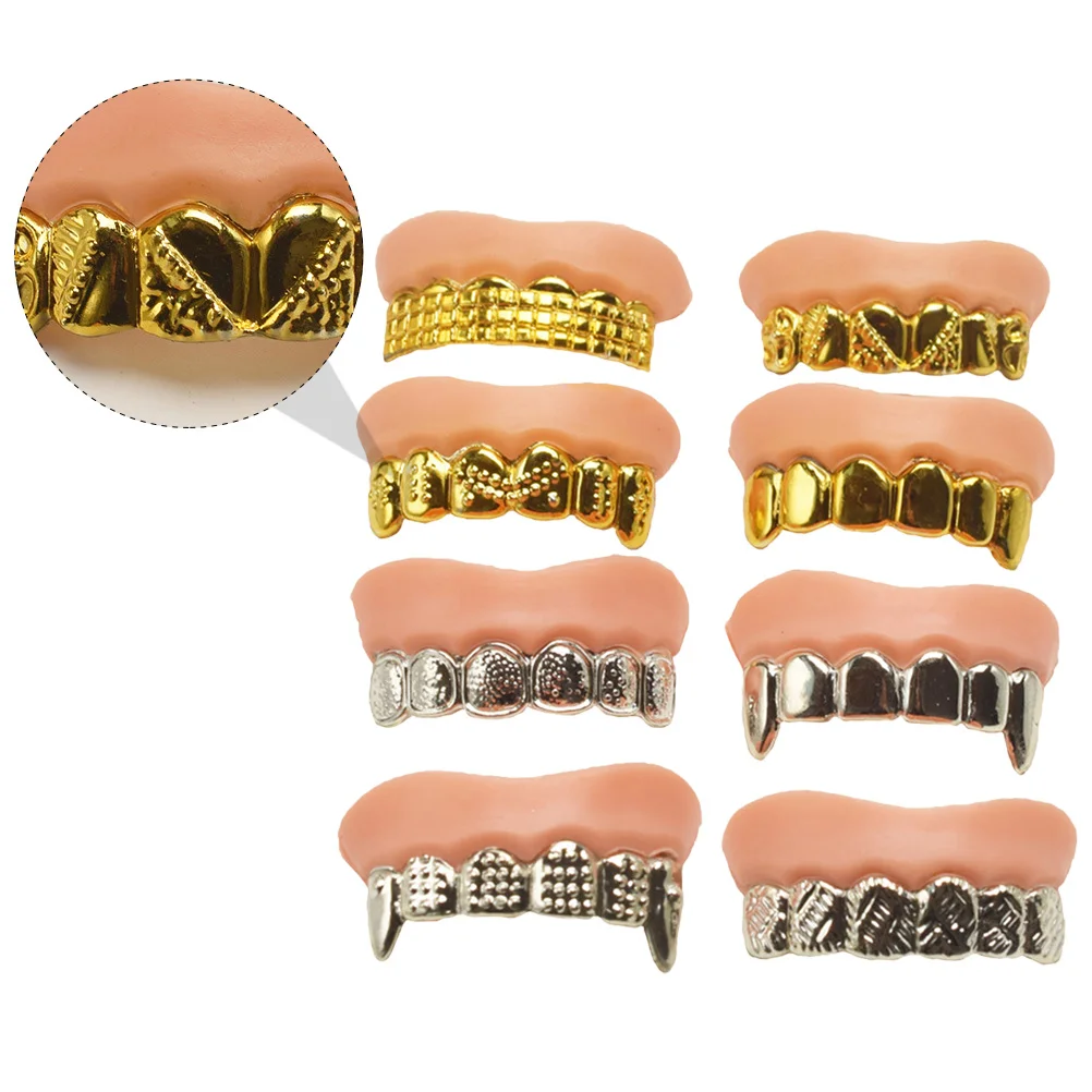 

8 Pcs Plastic Playes Halloween Dentures Fake Teeth Simulated Zombie Gold Silver
