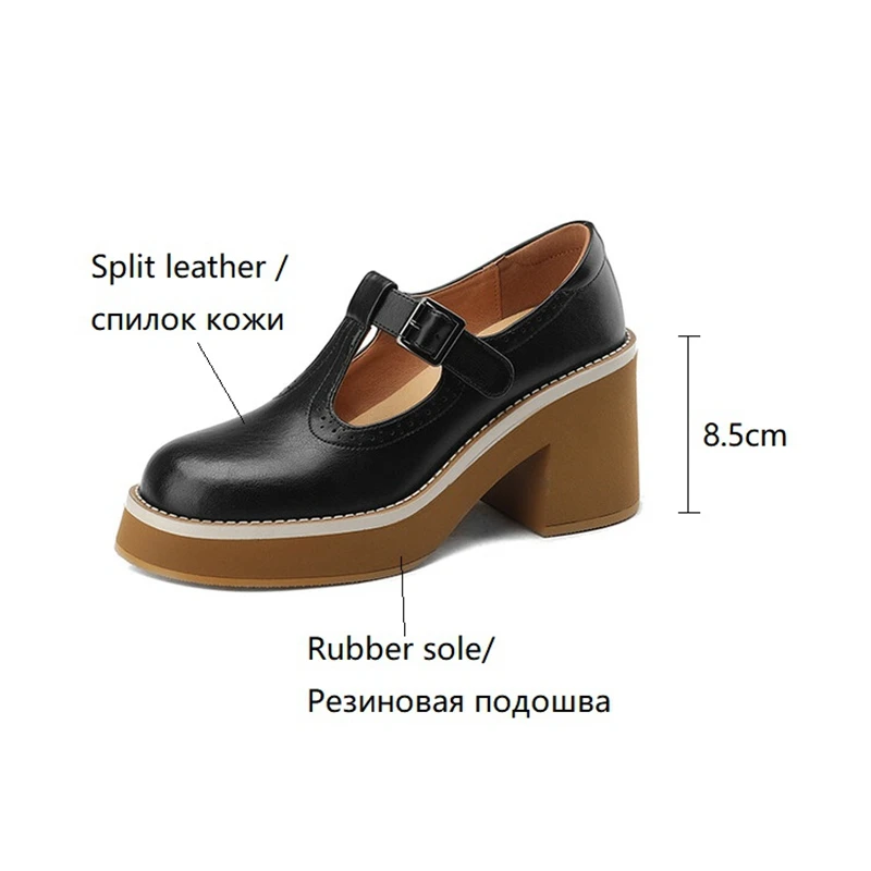 NEW Spring Women Shoes Round Toe Chunky Heel Mary Janes Split Leather Platform Shoes for Women Fashion Solid High Heels Women