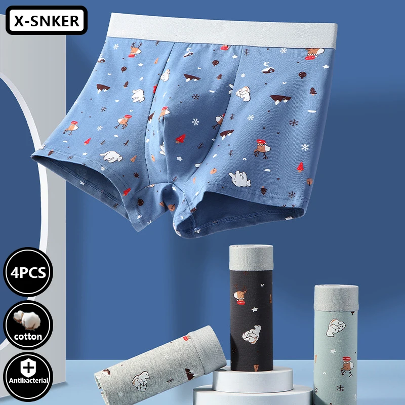 4pcs Men's Organic Cotton Underwear Men Sexy Printing Boxer Shorts Antibacterial Boxershorts Soft Breathable Man Panties X-SNKER
