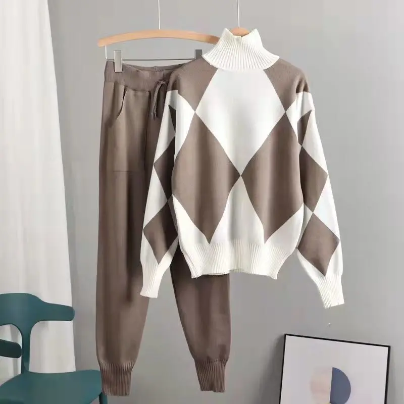 

Geomatric Knit 2 Piece Sets Women Sweater Tracksuits Autumn Turtleneck Pullovers Top + Knit Harem Pants 2PCS Track Suits winter