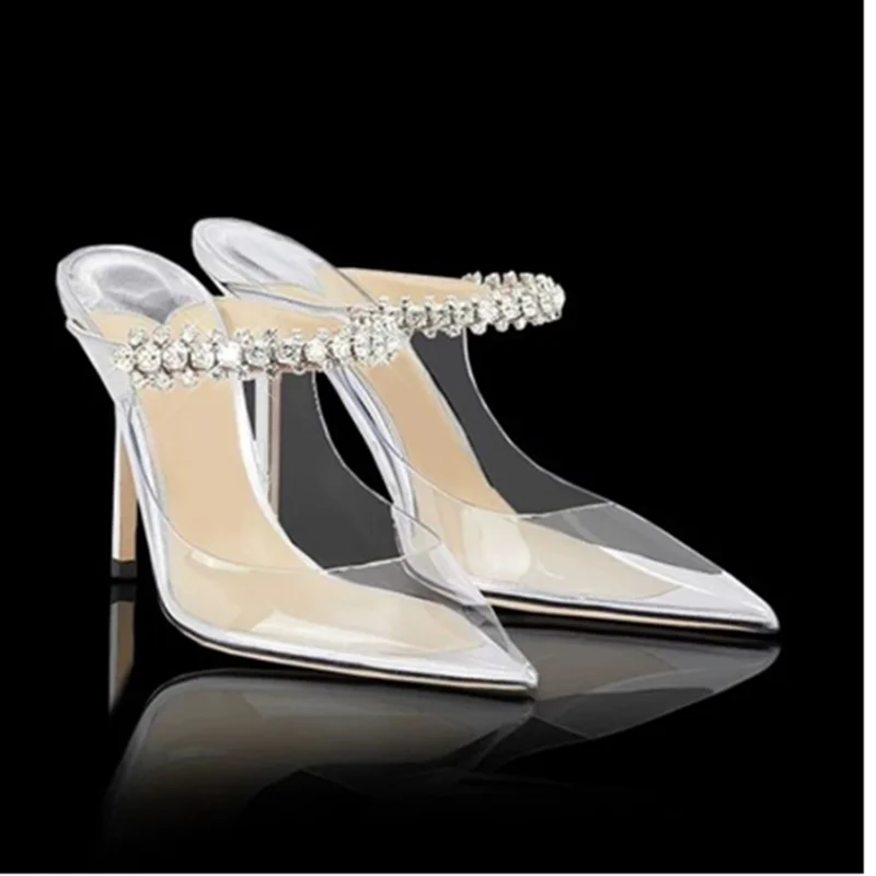 Women's Sandals 2023 Spring/Summer New Pointed High Heels Fashion Banquet Water Diamond Chain Transparent Baotou Muller Shoes