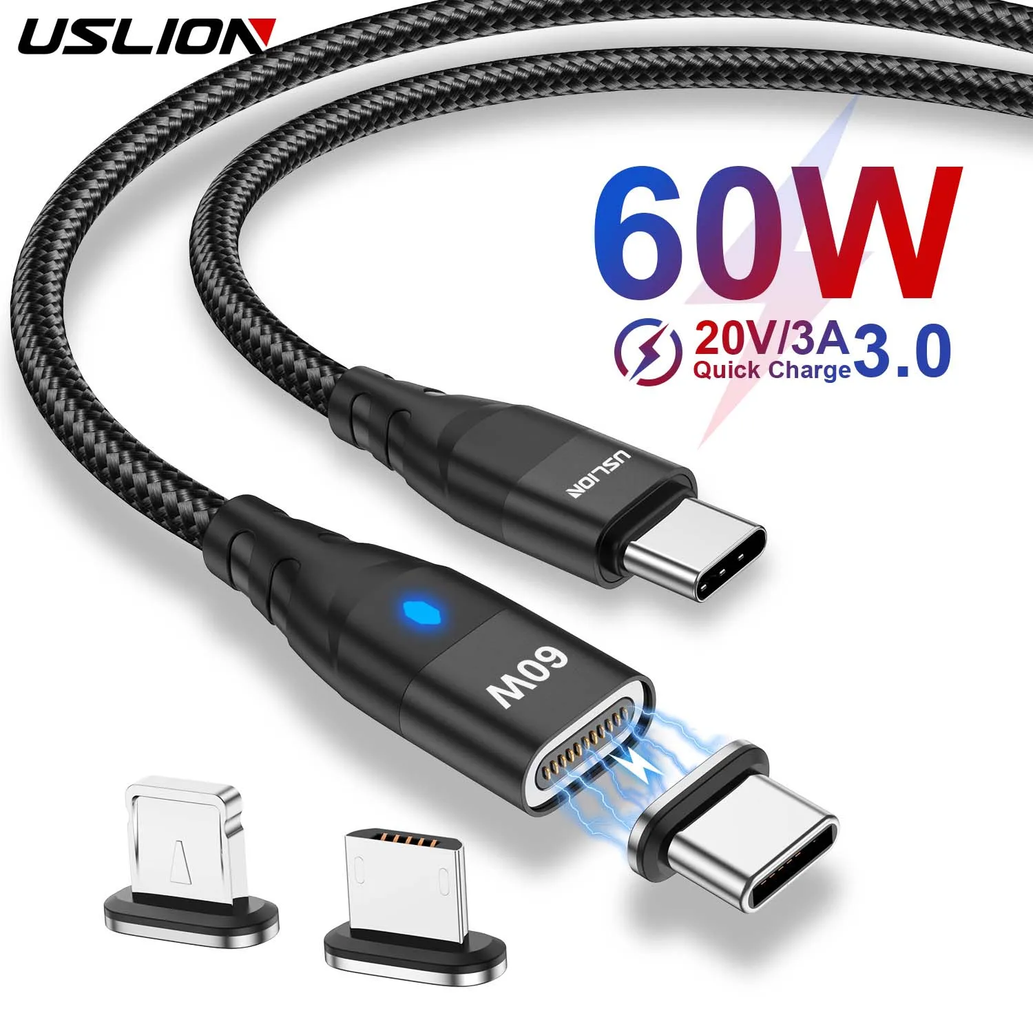 USLION-Cable magnético de carga rápida PD 60W para iPhone 13 Pro Max...