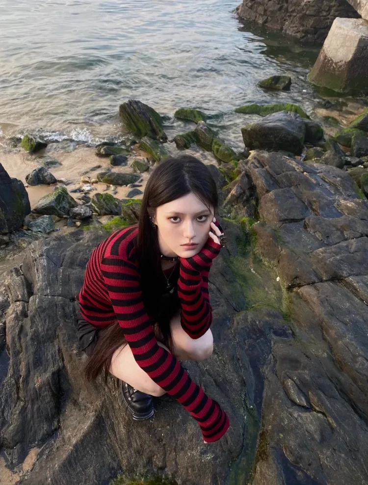 Y2k панк красный черный полосатый Топ женский модный приталенный с длинным