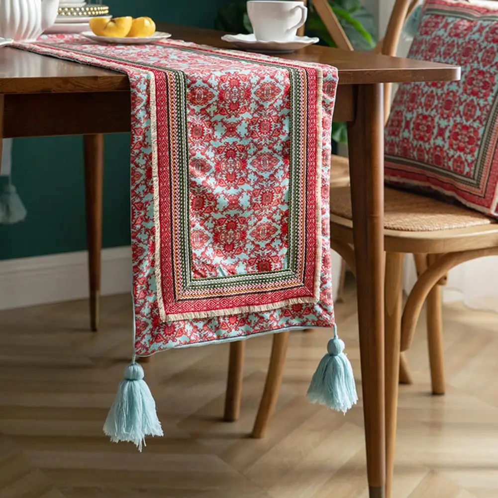 

Rectangular Useful Floral Print Dinner Tassel Table Cover Bright-colored Table Runner with Tassel Home Supply