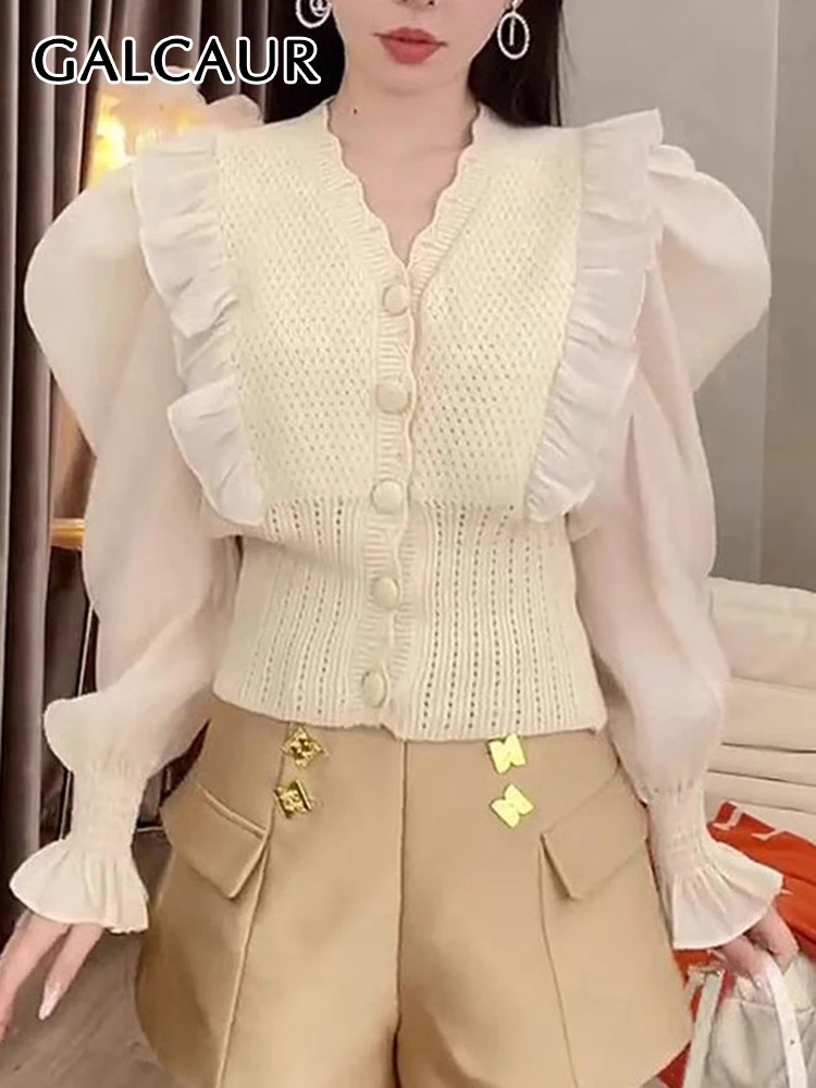 

GALCAUR Solid Patchwork Ruffles Cardigan For Women V Neck Puff Sleeve Single Breasted Elegant Temperament Knit Sweater Female