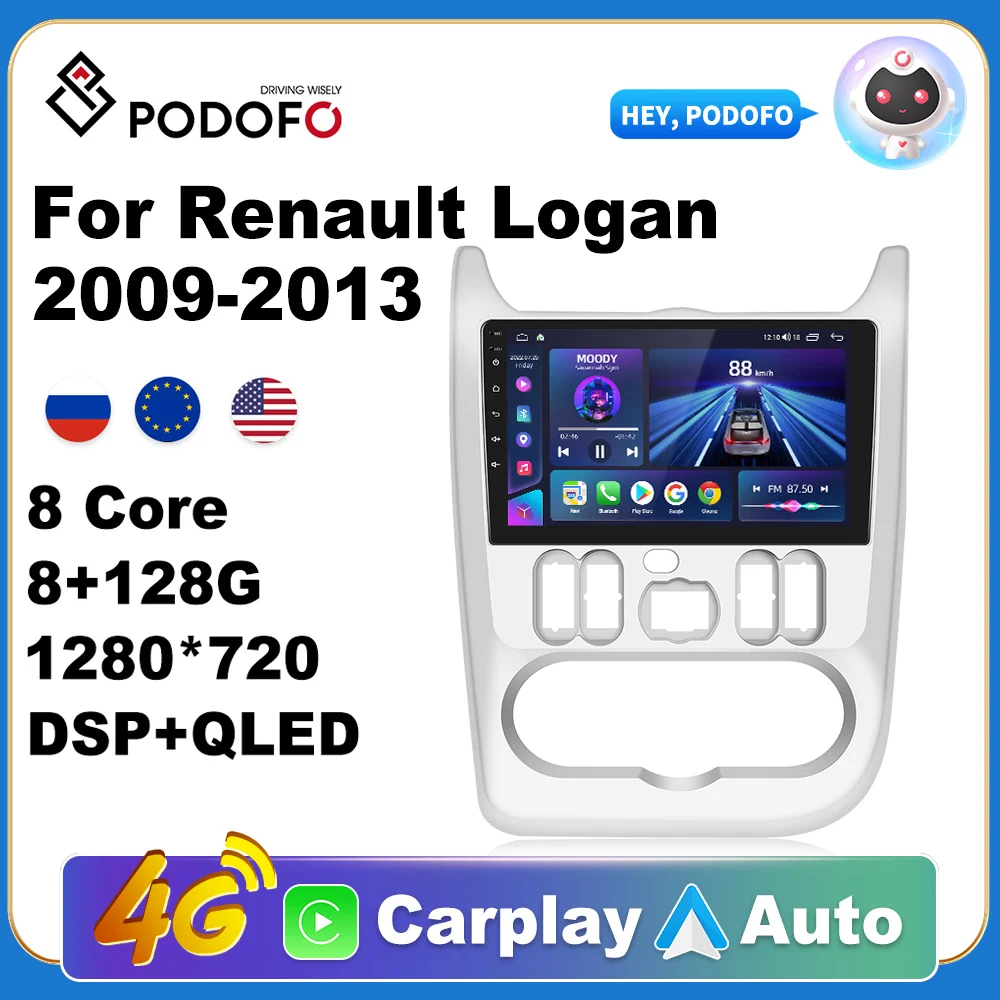 

Podofo AI Voice Android Carplay автомобильное радио для Renault Logan 2009-2013 2din Android Auto 4G Мультимедиа GPS Авторадио DSP
