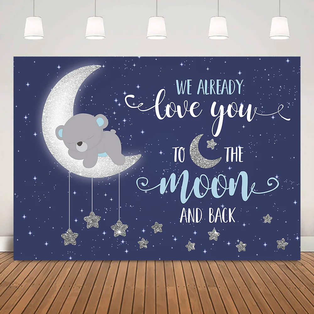 

Фон для фотосъемки мальчик медведь ребенок душ голубое звездное небо Дети Пол раскрыть фон Love you to the Moon Мерцающие Звезды Украшение Вечерние