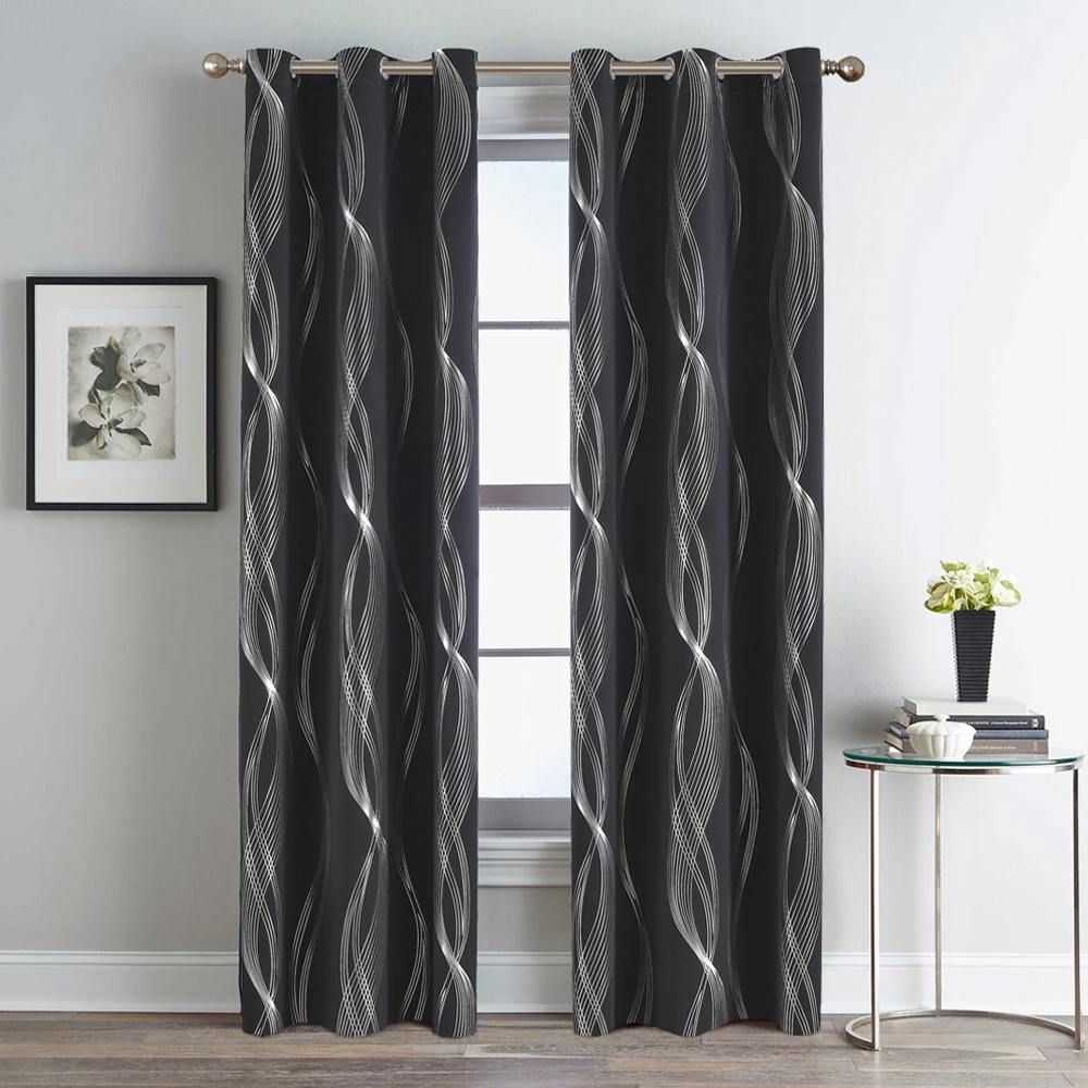 Cortinas opacas con estampado de olas de agua para sala de estar, cortinas gruesas con sombreado alto para ventana, dormitorio, puerta, color negro
