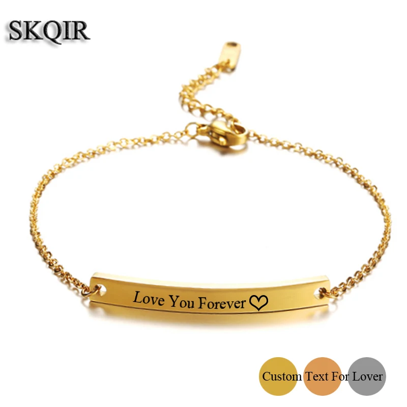 

SKQIR Personalized Custom Name Bar Bracelets for Women Letterring Text Symbol Gold Chain Bangle Men Blank Engraved Jewelry Gifts