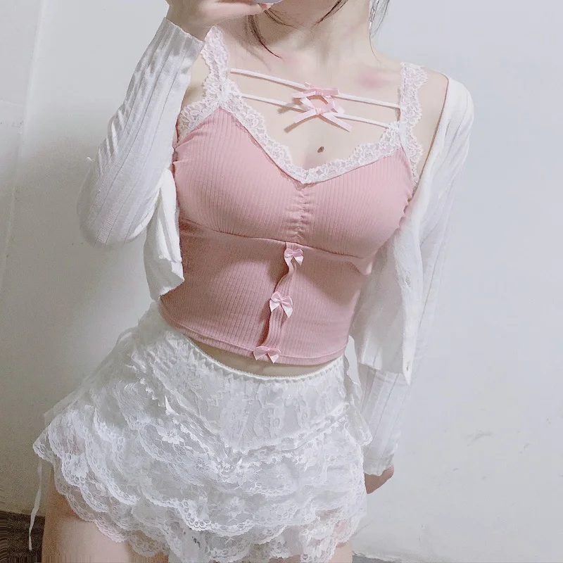

Pink 3 Piece Set Women Cute Bows Crop Top White Cardigan Ribbons Ruffles Multilayer Lace Shorts Lolita Sweet Girl Kawaii Clothes